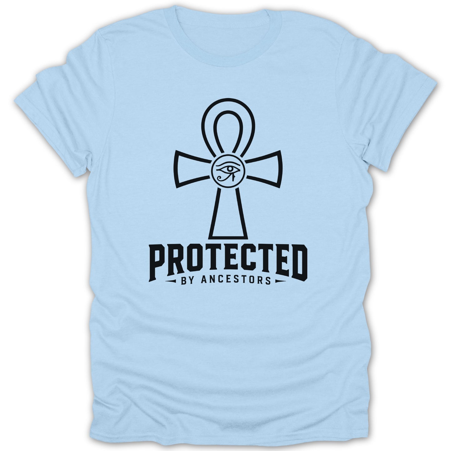 Light blue t-shirt with black "PROTECTED BY ANCESTORS" text and Egyptian ankh symbol.