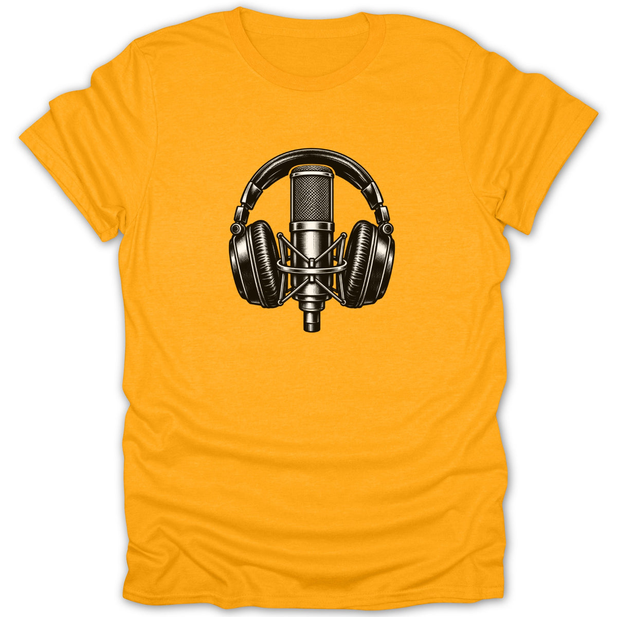 Yellow t-shirt with black and white graphic of headphones over a microphone.
