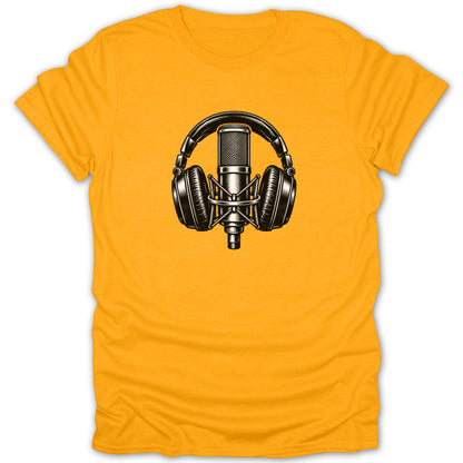Yellow t-shirt with black and white graphic of headphones over a microphone.