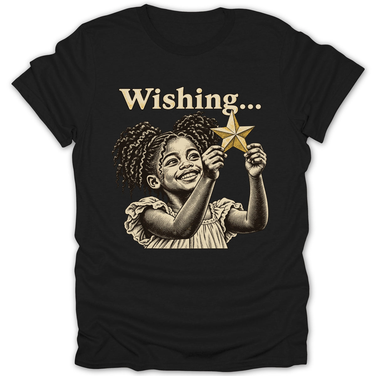 Black t-shirt with "Wishing..." text and drawing of a girl holding a star.
