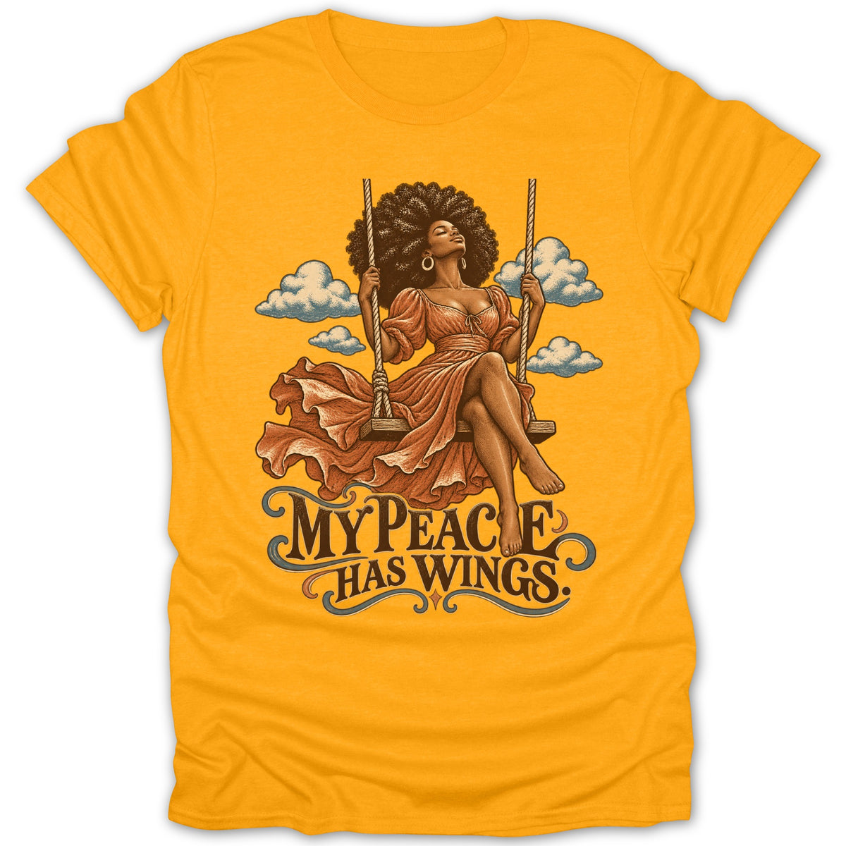 Woman with afro on swing with text "MY PEACE HAS WINGS."