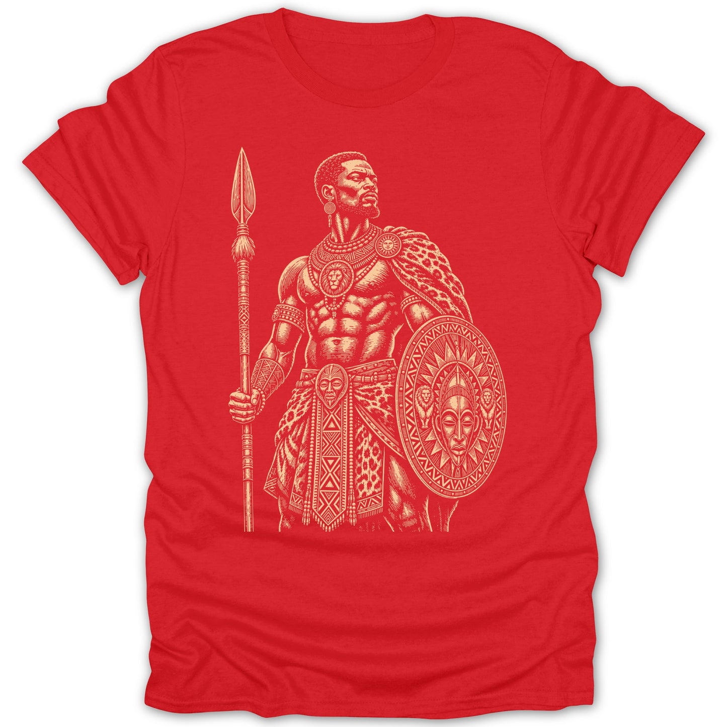 Red t-shirt with a detailed print of an armored warrior holding a spear and shield.
