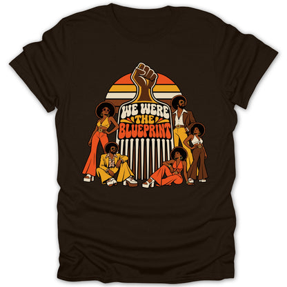 Retro illustration of five people in 70s attire with the text "We Were the Blueprint".