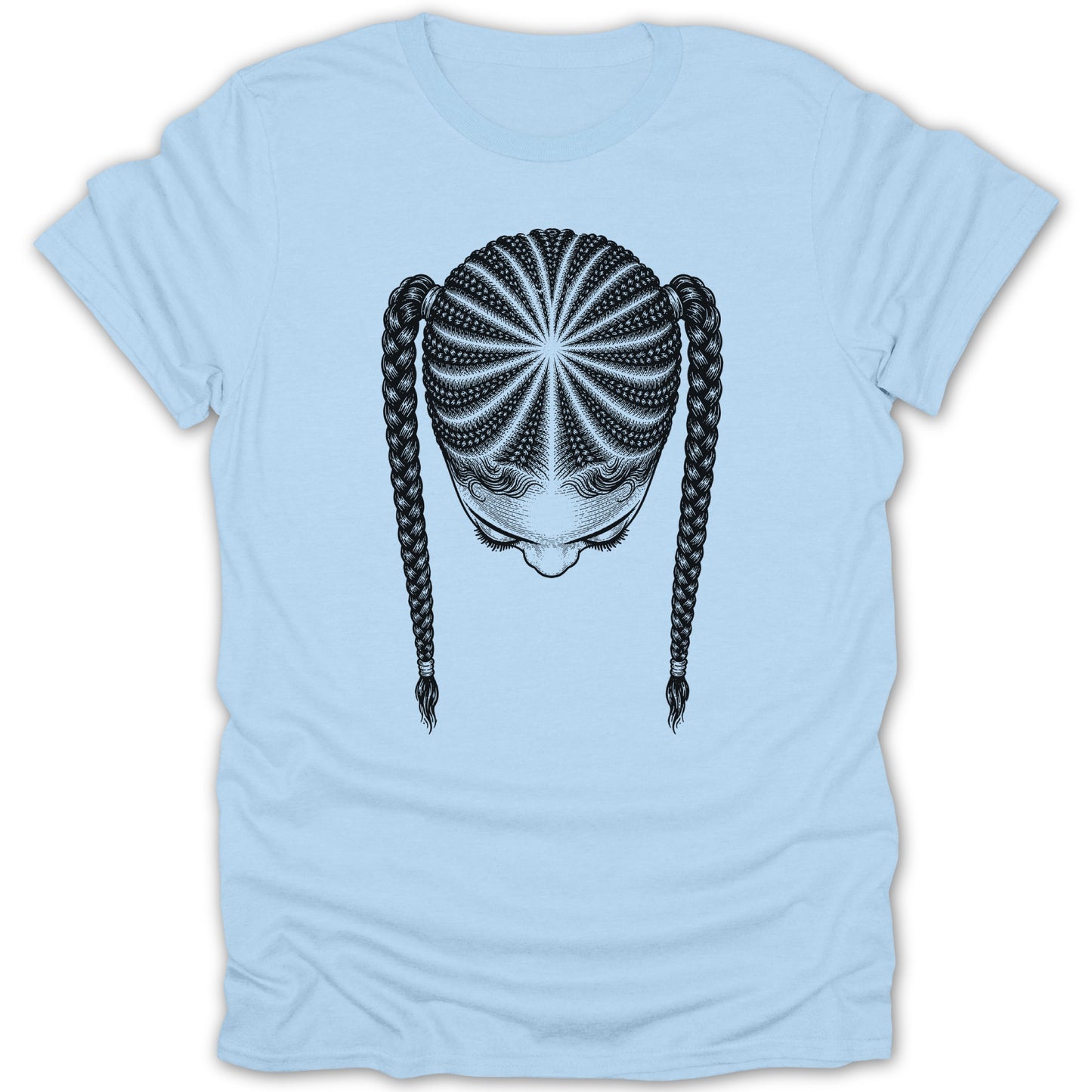 T-shirt featuring a black and white illustration of a woman's braided hair.