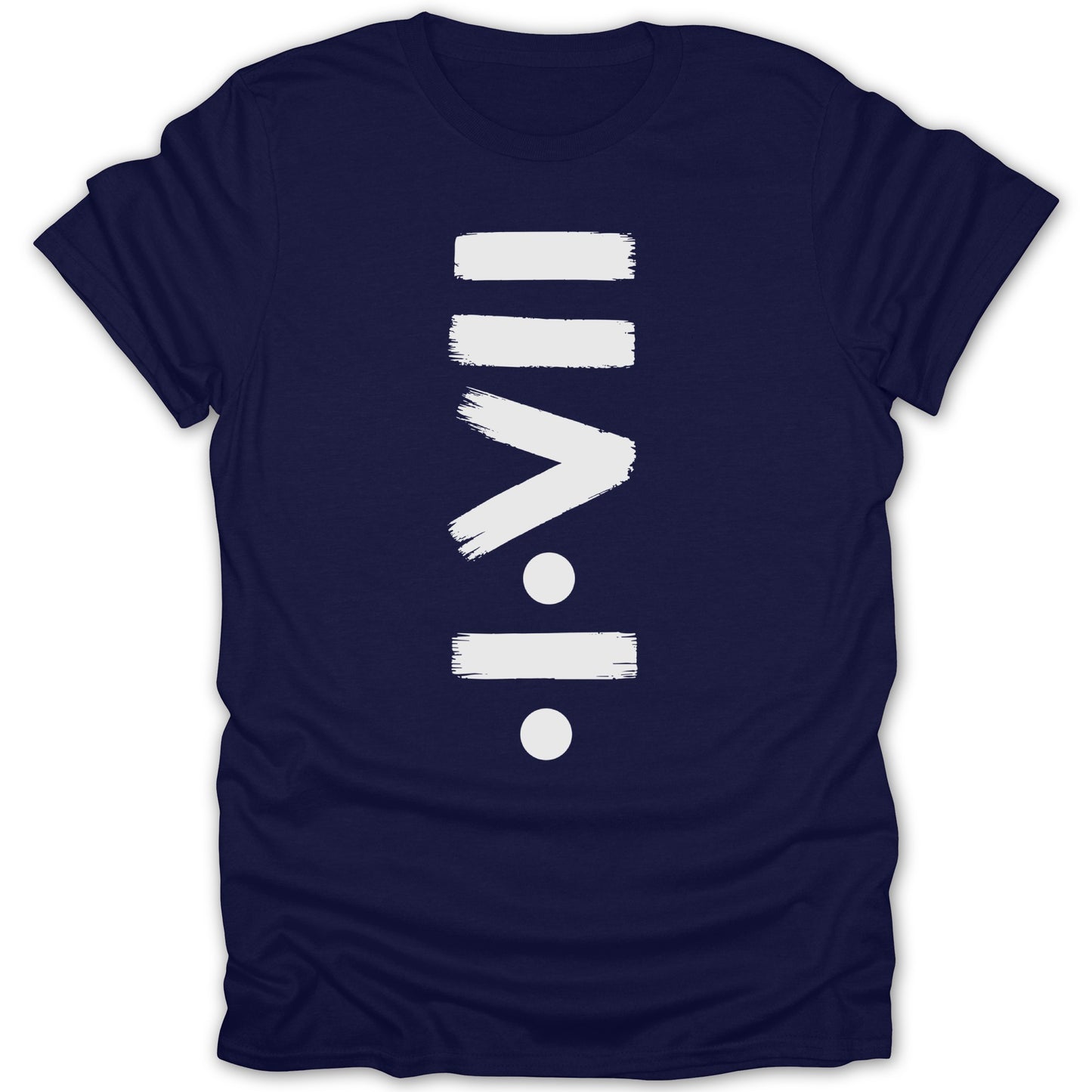 Navy t-shirt with white brushstroke equal to symbol and division symbol.