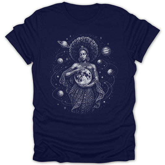 Illustration of a woman holding a moon surrounded by planets and stars.