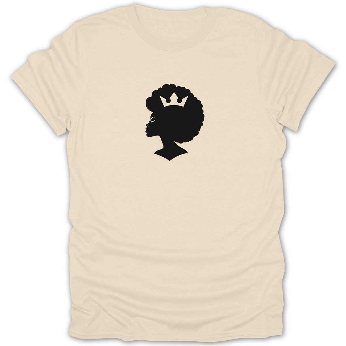 Beige t-shirt featuring a black silhouette of a woman wearing a crown in her afro.