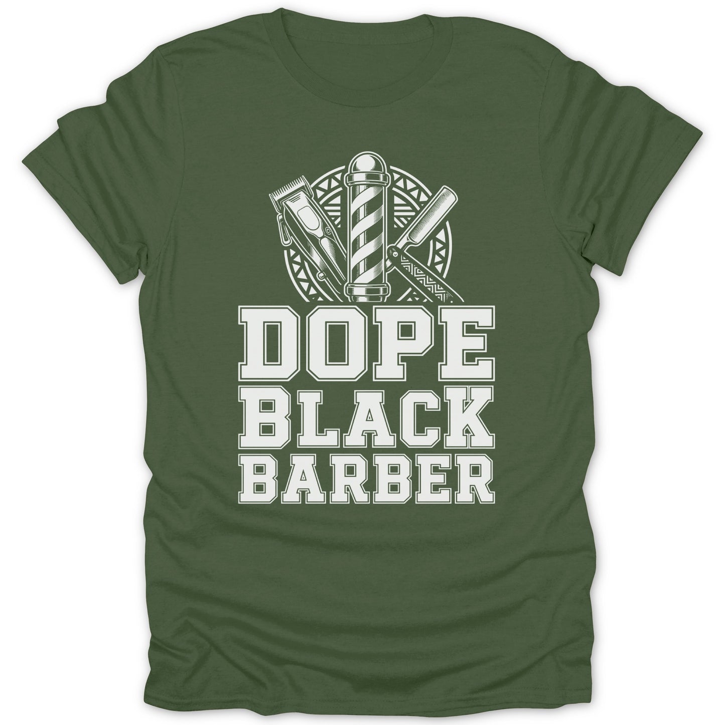 Green t-shirt with "DOPE BLACK BARBER" text and barber imagery.