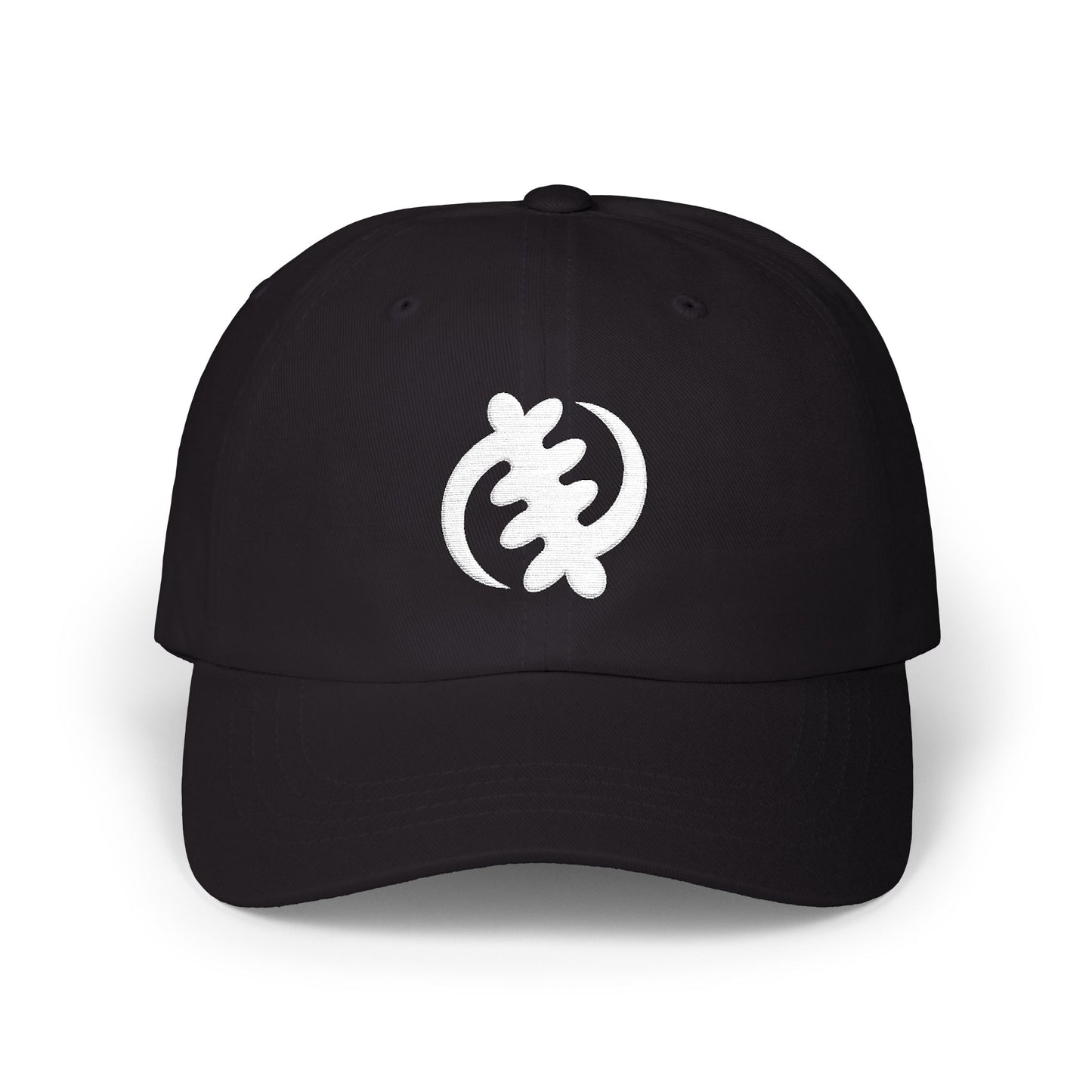Black baseball cap with white Sankofa symbol embroidered on the front.