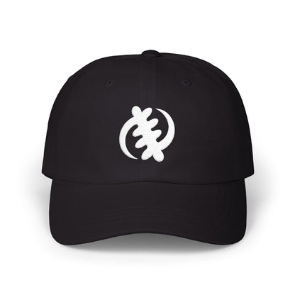 Black baseball cap with white Sankofa symbol embroidered on the front.