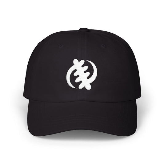 Black baseball cap with white Sankofa symbol embroidered on the front.