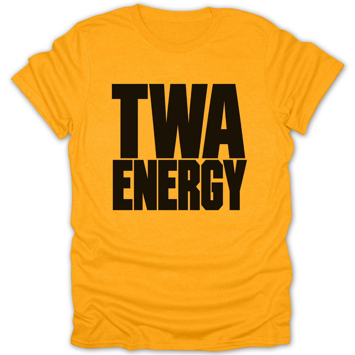 Yellow t-shirt with black text reading "TWA ENERGY".