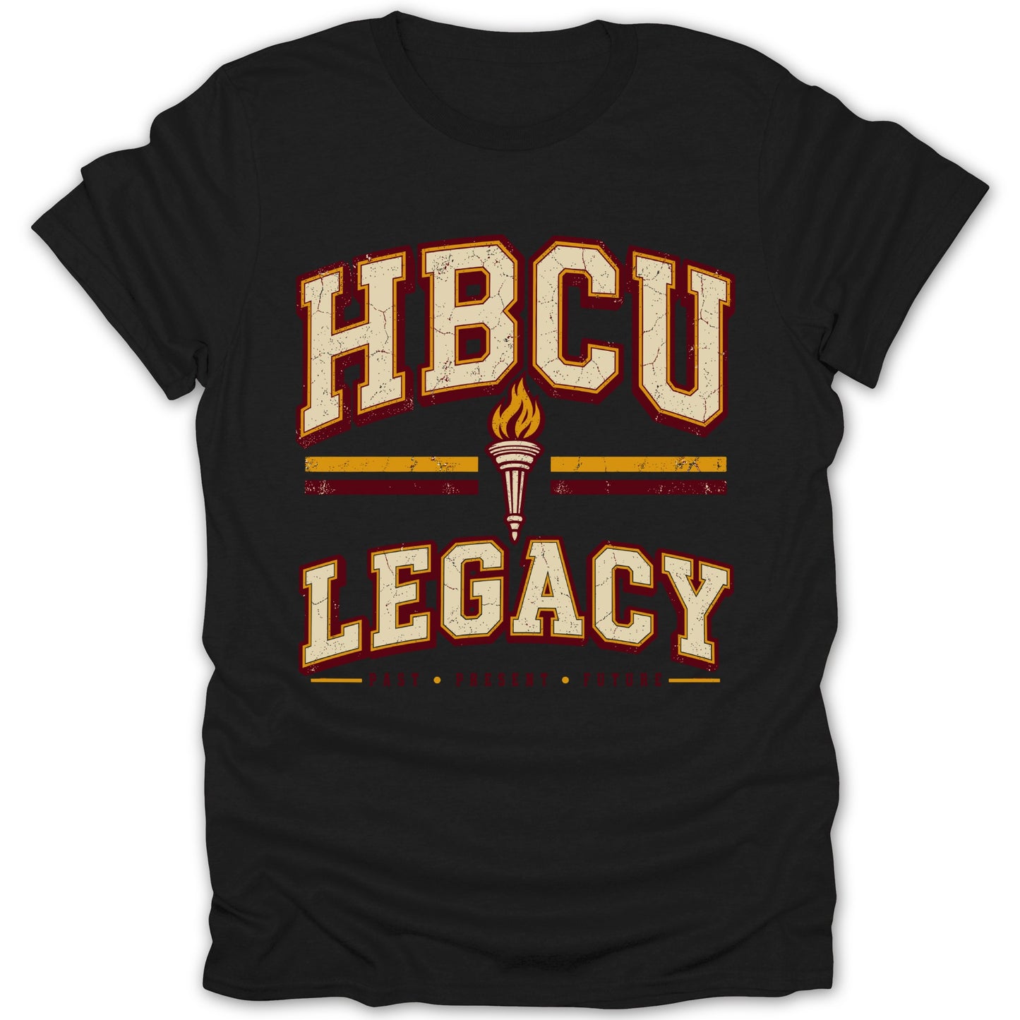 Black t-shirt with "HBCU LEGACY" text and a torch graphic.