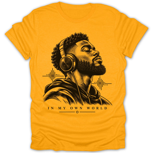 T-shirt with black graphic of a man with headphones, sound waves, and text.