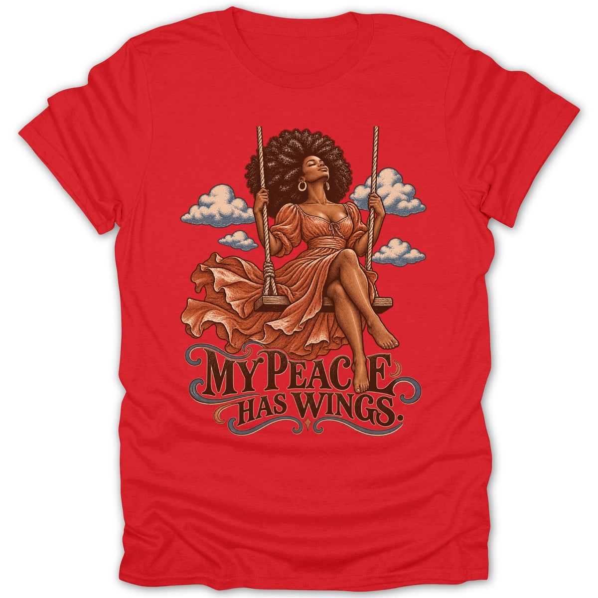 Woman with afro on swing, with text "MY PEACE HAS WINGS".