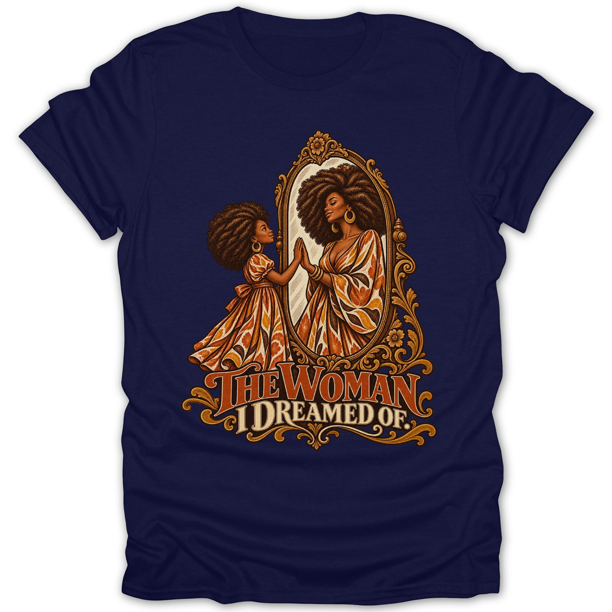 Woman touching mirror, with text "THE WOMAN I DREAMED OF."