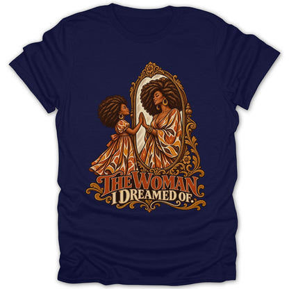 Woman touching mirror, with text "THE WOMAN I DREAMED OF."