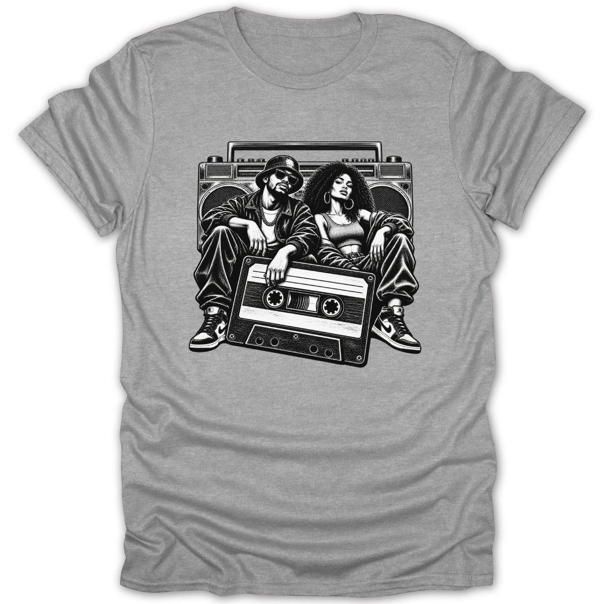 Black and white illustration of a couple and boombox with cassette tape on gray t-shirt.
