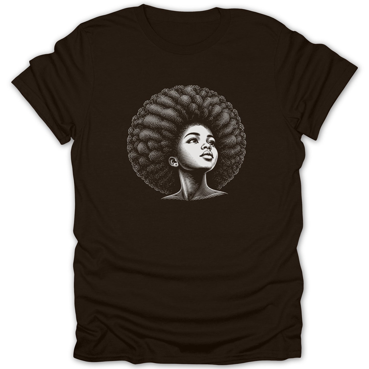 Line drawing of a woman with a large afro looking up on a dark brown t-shirt.