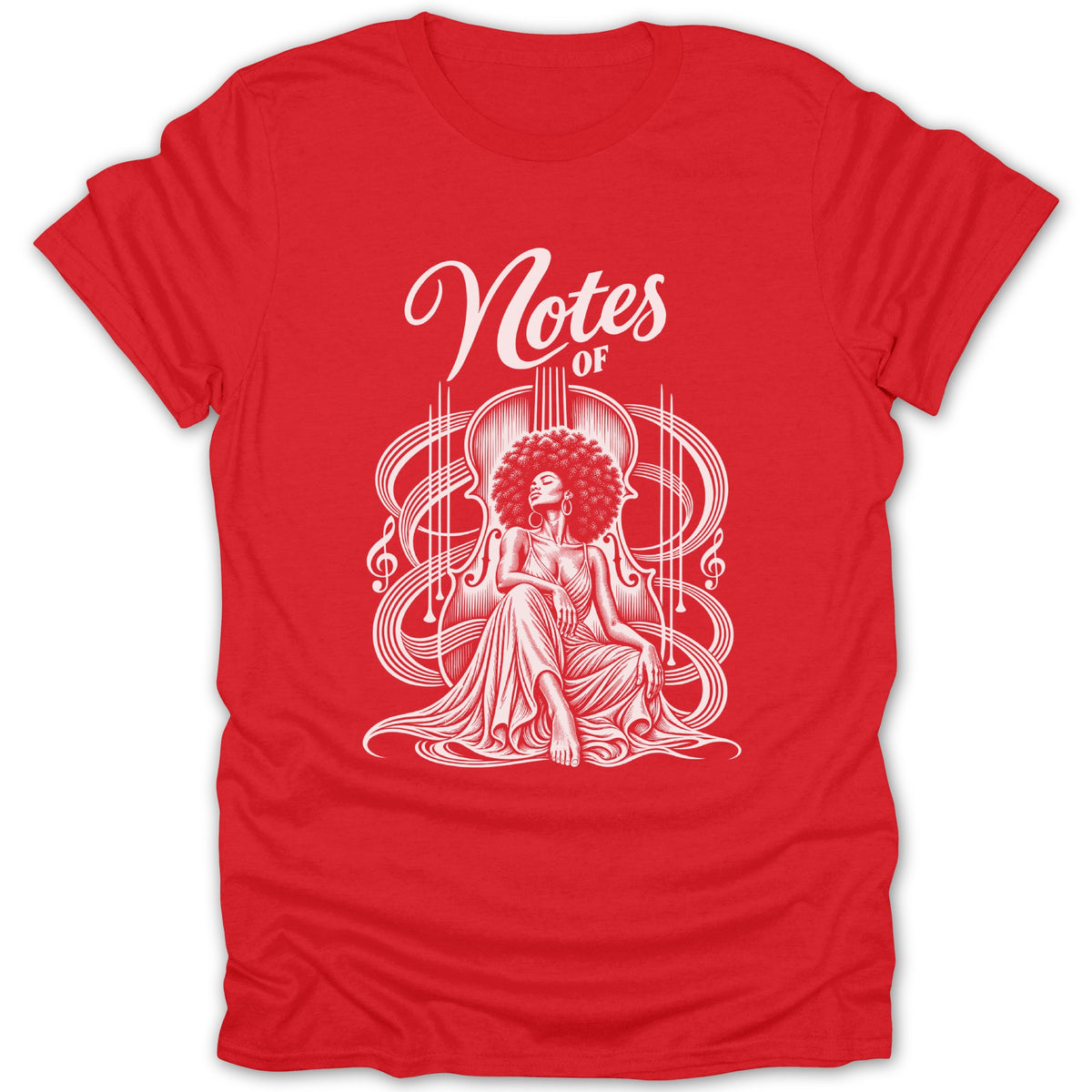 Red t-shirt with white graphic of woman and musical notes forming a cello.