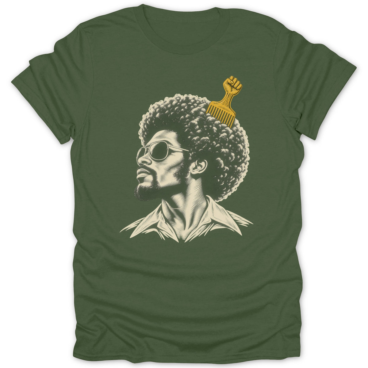 Olive green t-shirt featuring a cream-colored graphic of a man with an afro and a gold pick.
