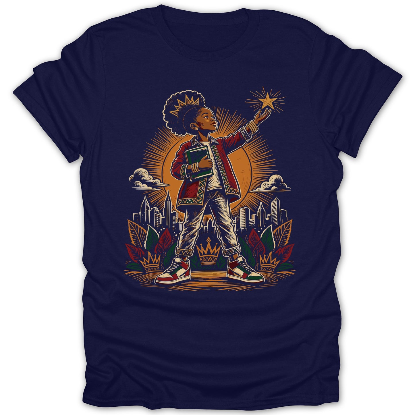 Black child reaches for a star above a city skyline with a sunburst.