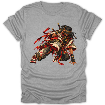 T-shirt with a dynamic samurai character wearing a hat and traditional Japanese attire.