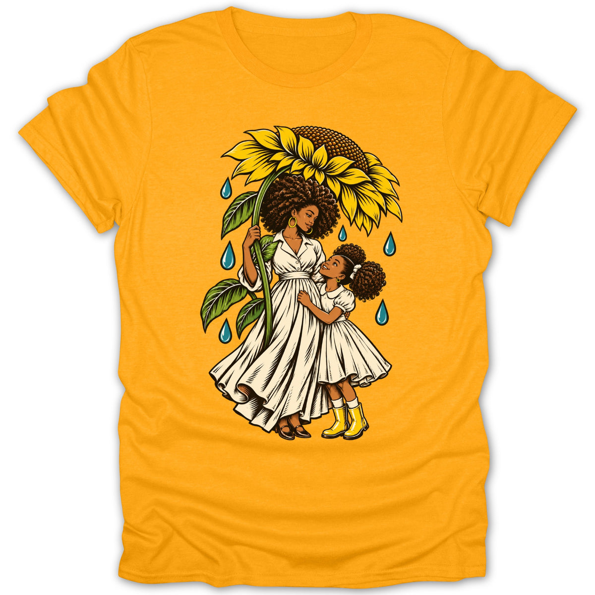 Mother and child under a sunflower umbrella with raindrops.