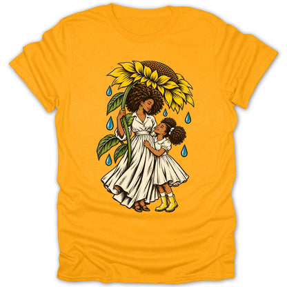 Mother and child under a sunflower umbrella with raindrops.