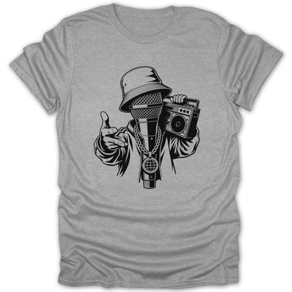 Microphone wearing a bucket hat, holding a boombox, and a globe necklace.