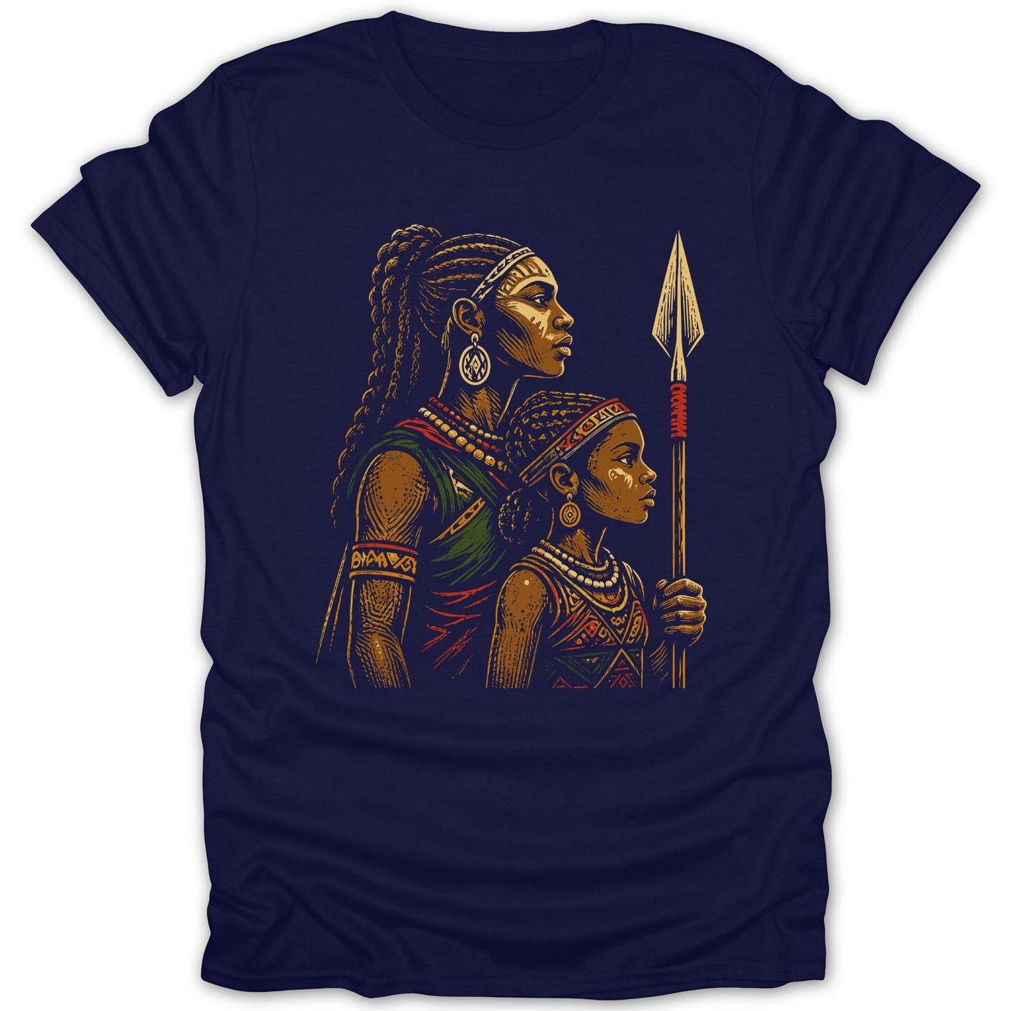 Two figures, an adult and child, depicted in profile holding a spear.