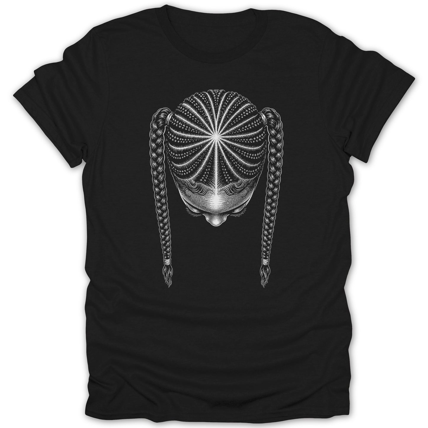 Black t-shirt with illustration of a person's head with braided hair.