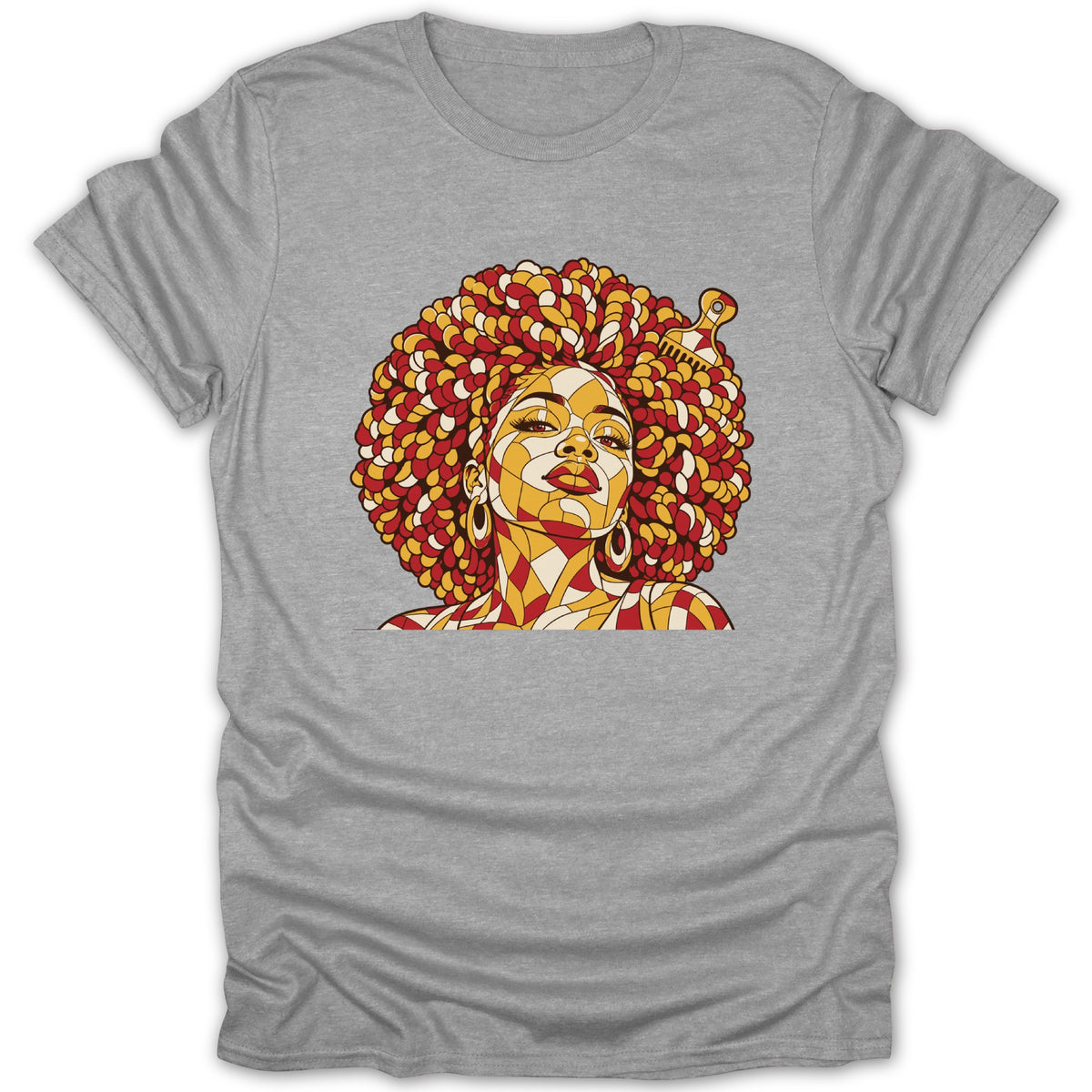 A grey t-shirt featuring a stylized geometric illustration of a woman with an afro hairstyle and pick comb.