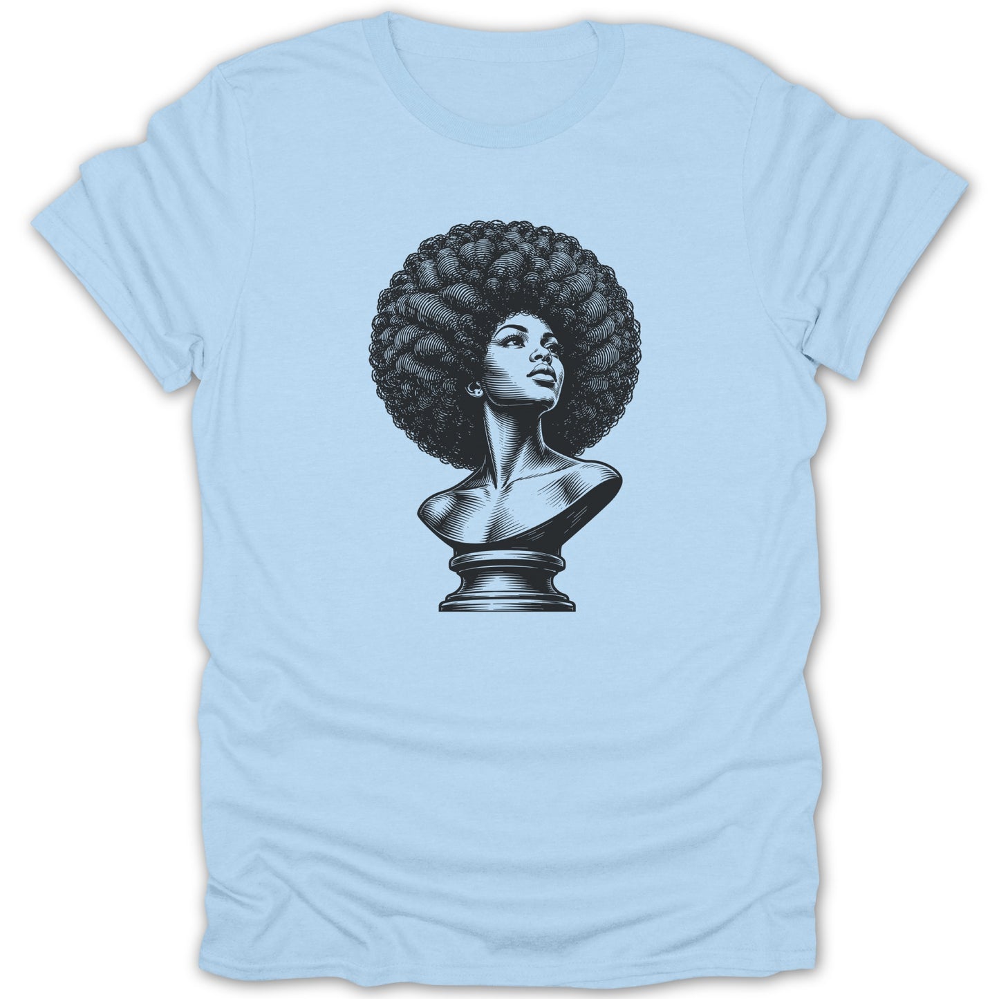 Black graphic of woman with afro on light blue t-shirt.