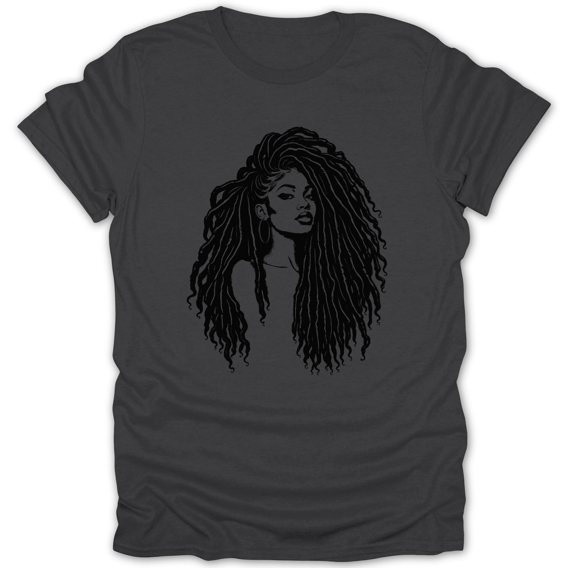 Black graphic print of a woman with long dreadlocks on a dark grey t-shirt.