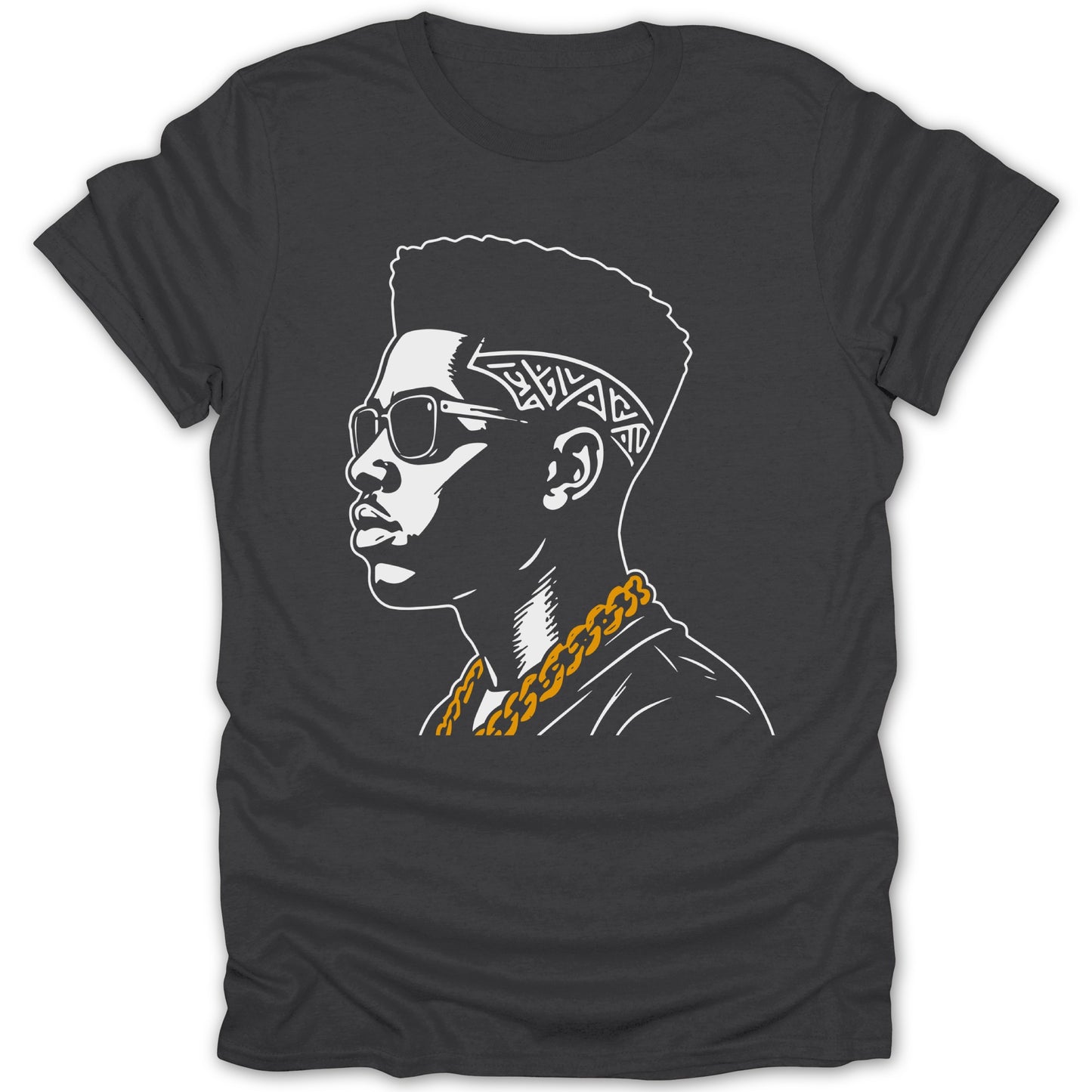 Stylized portrait of a man with sunglasses, bandana, and gold chain.