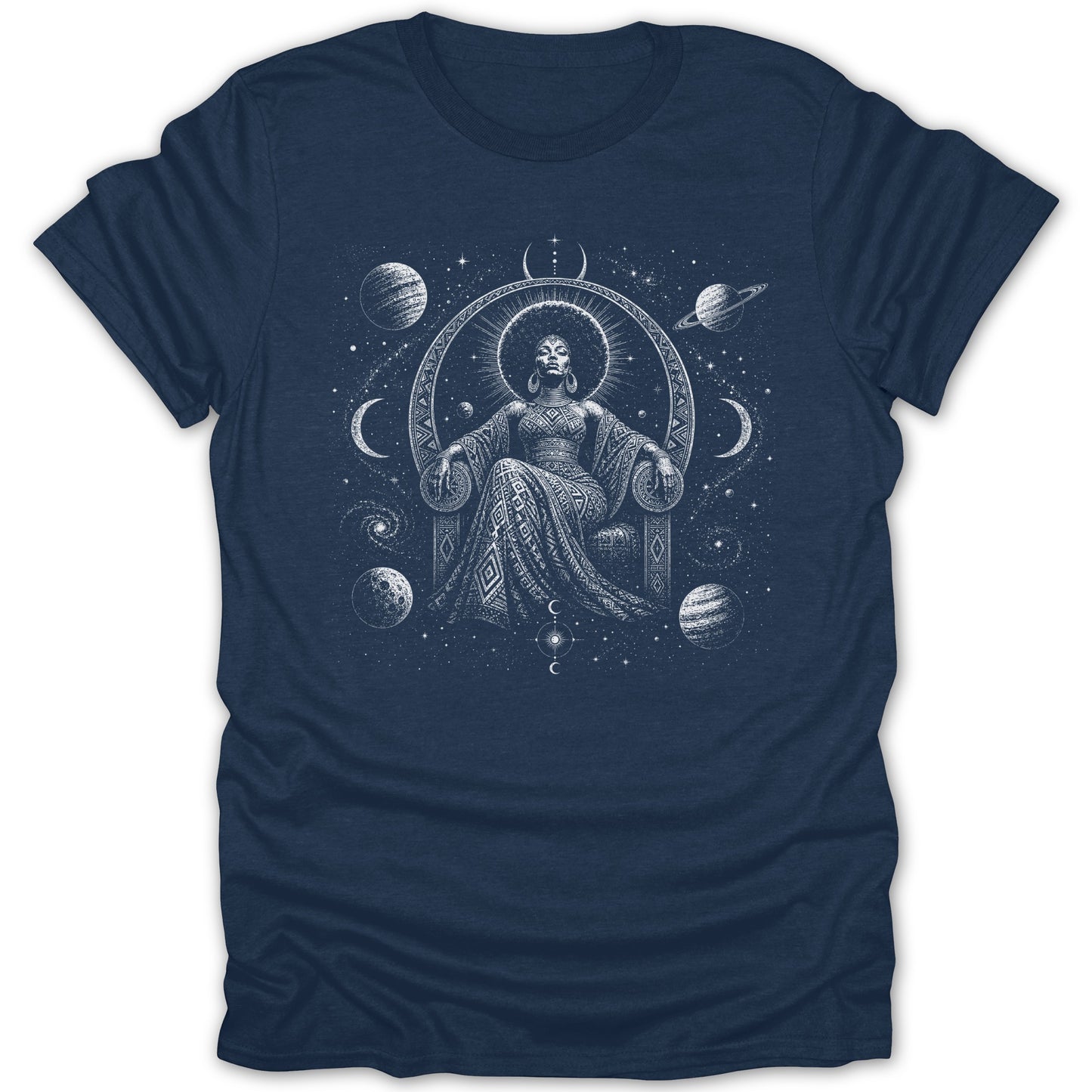 Woman in afro and patterned dress sits on throne surrounded by planets and stars.