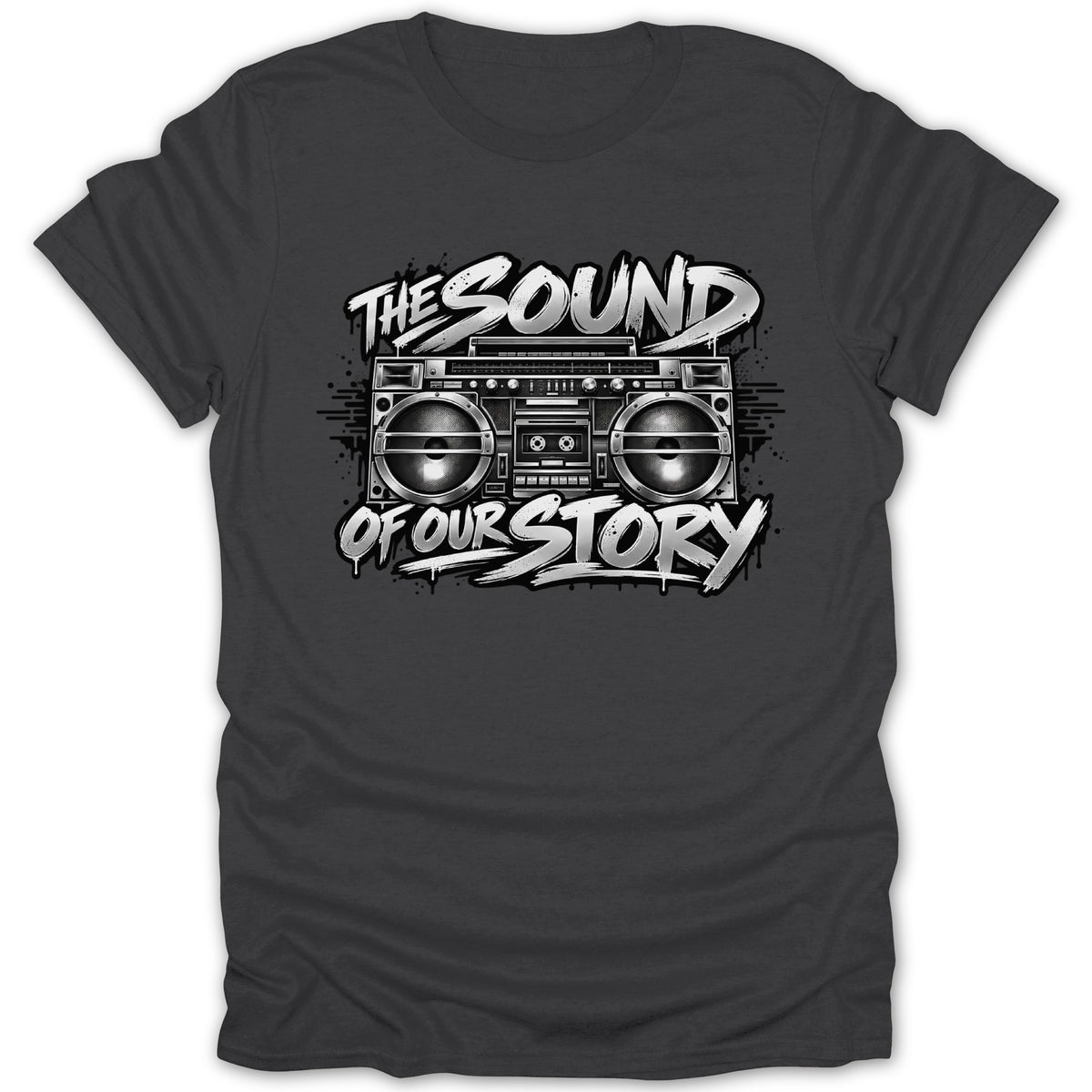T-shirt with graphic of a silver boombox and text "The Sound of Our Story".