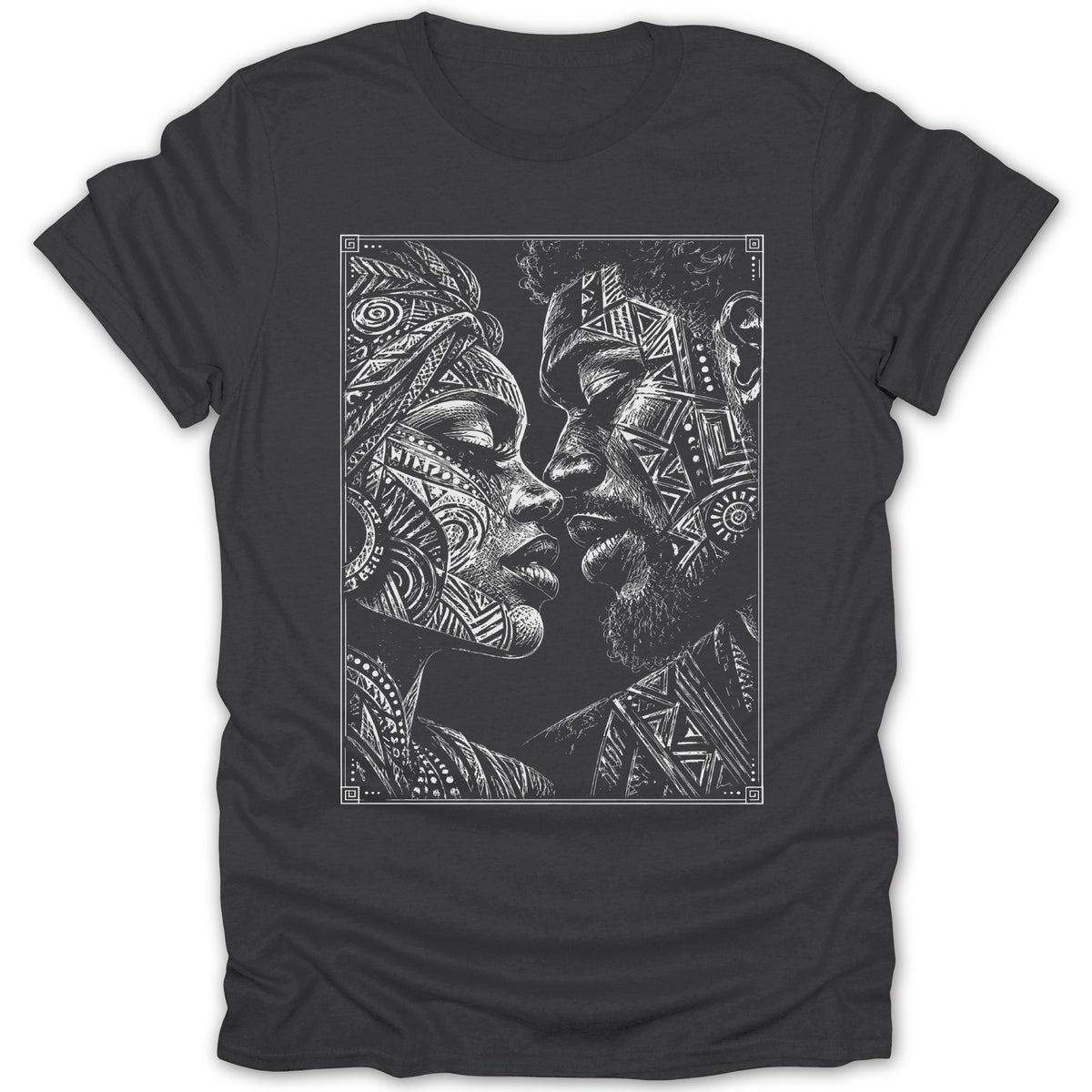 Black t-shirt with a white line drawing of a couple with patterned faces.