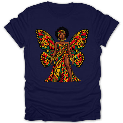 Woman with butterfly wings in black, red, green, and yellow African-inspired pattern.