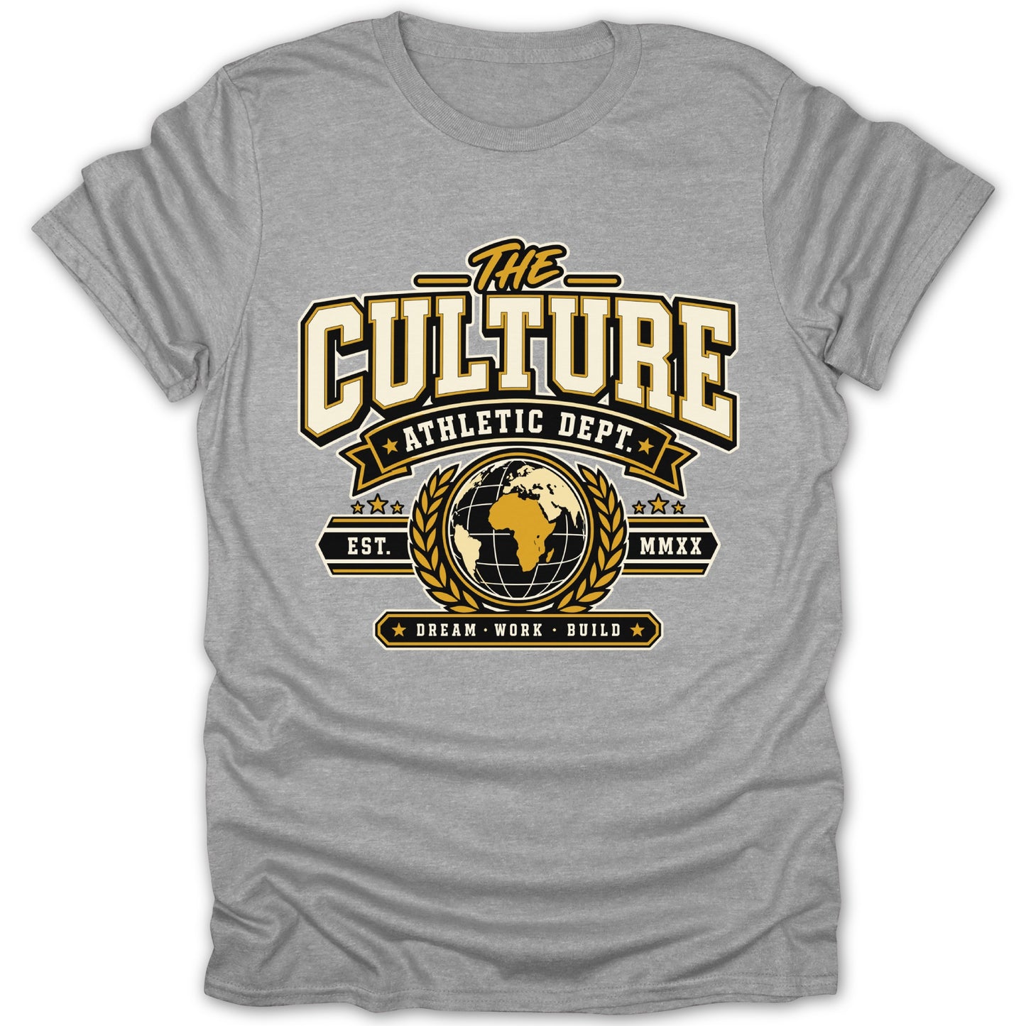 Grey t-shirt with "The Culture Athletic Dept." graphic featuring a globe and laurel wreath.