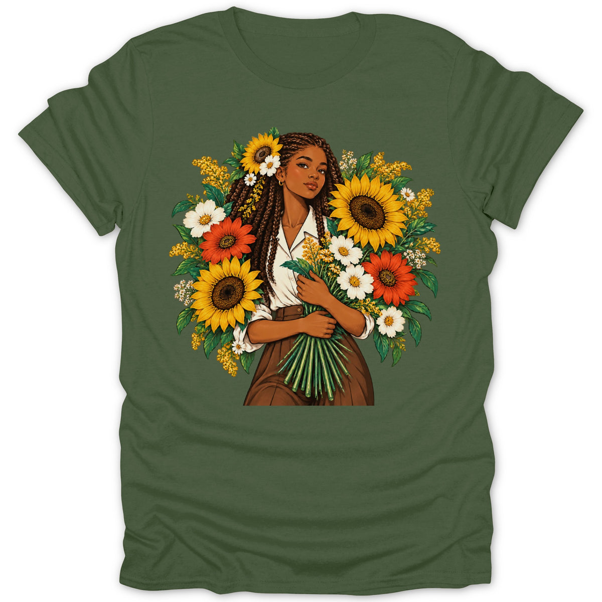 Illustration of a woman holding a bouquet of sunflowers and daisies with braids.