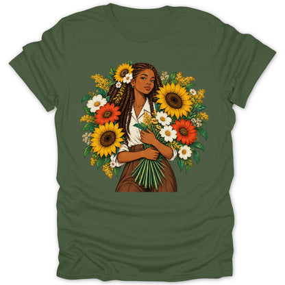 Illustration of a woman holding a bouquet of sunflowers and daisies with braids.