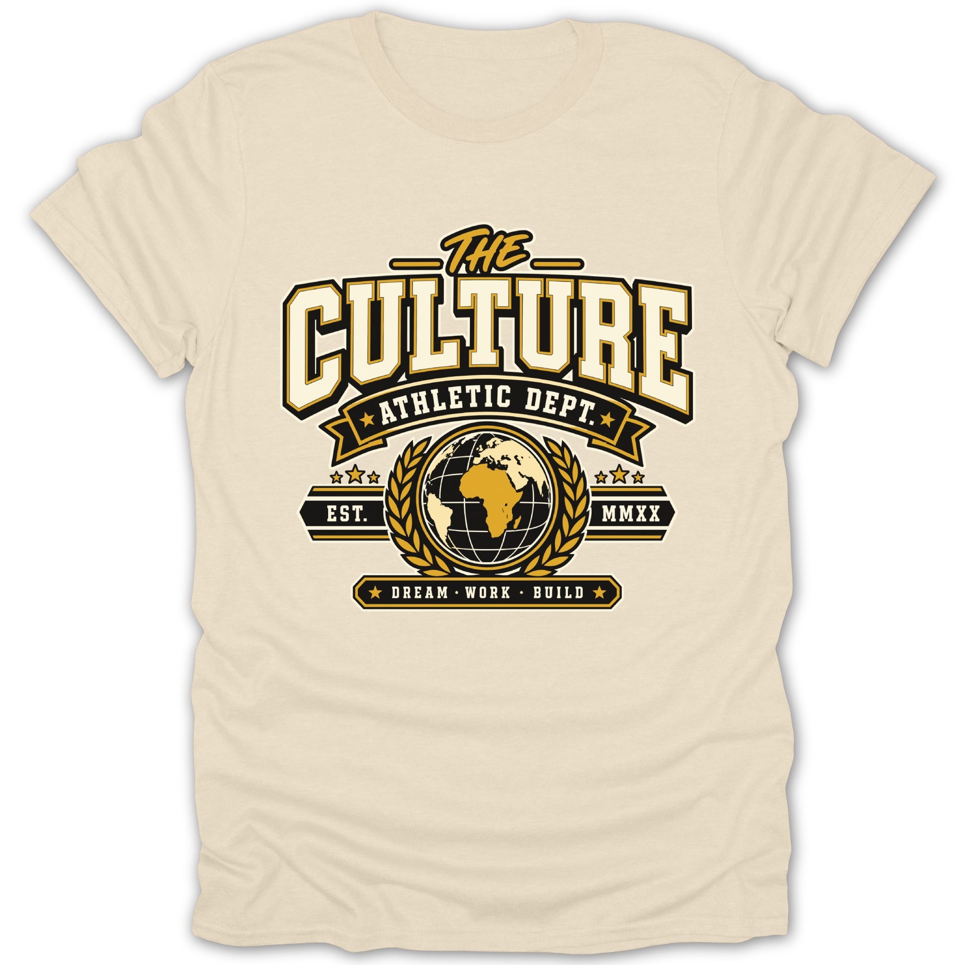 Cream t-shirt with "The Culture Athletic Dept." logo featuring a globe.