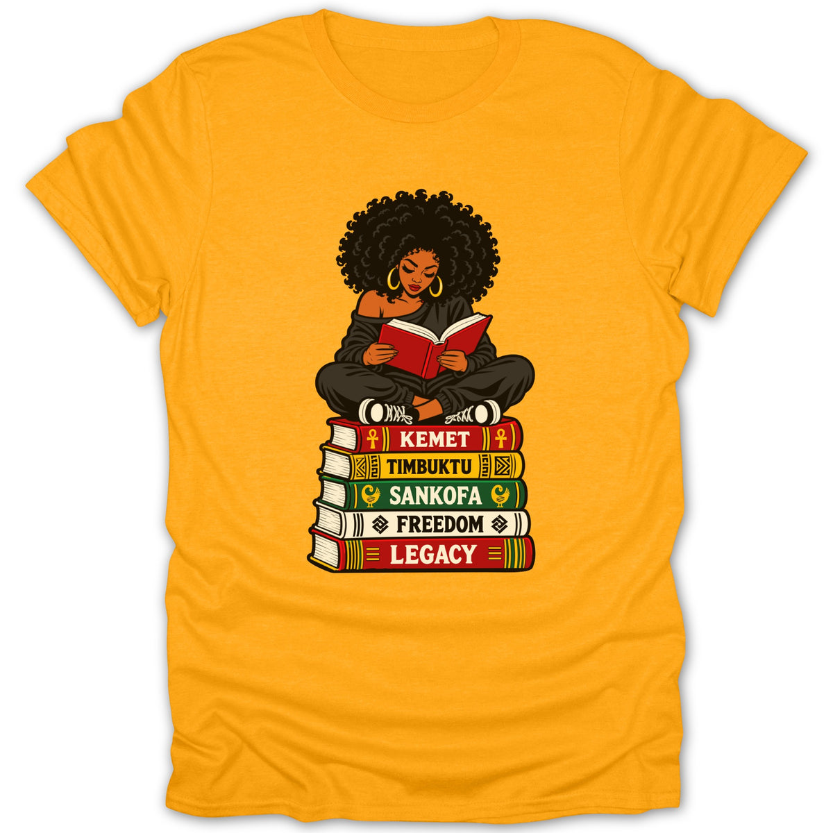 Woman reading on books labeled Kemet, Timbuktu, Sankofa, Freedom, and Legacy.
