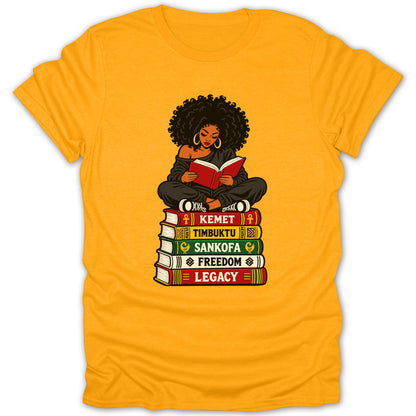 Woman reading on books labeled Kemet, Timbuktu, Sankofa, Freedom, and Legacy.