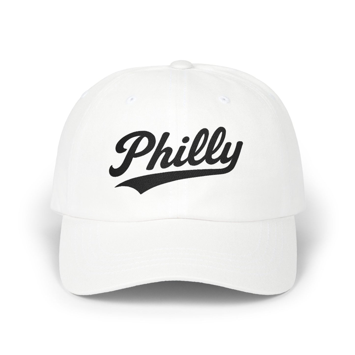White baseball cap with "Philly" in black cursive text.