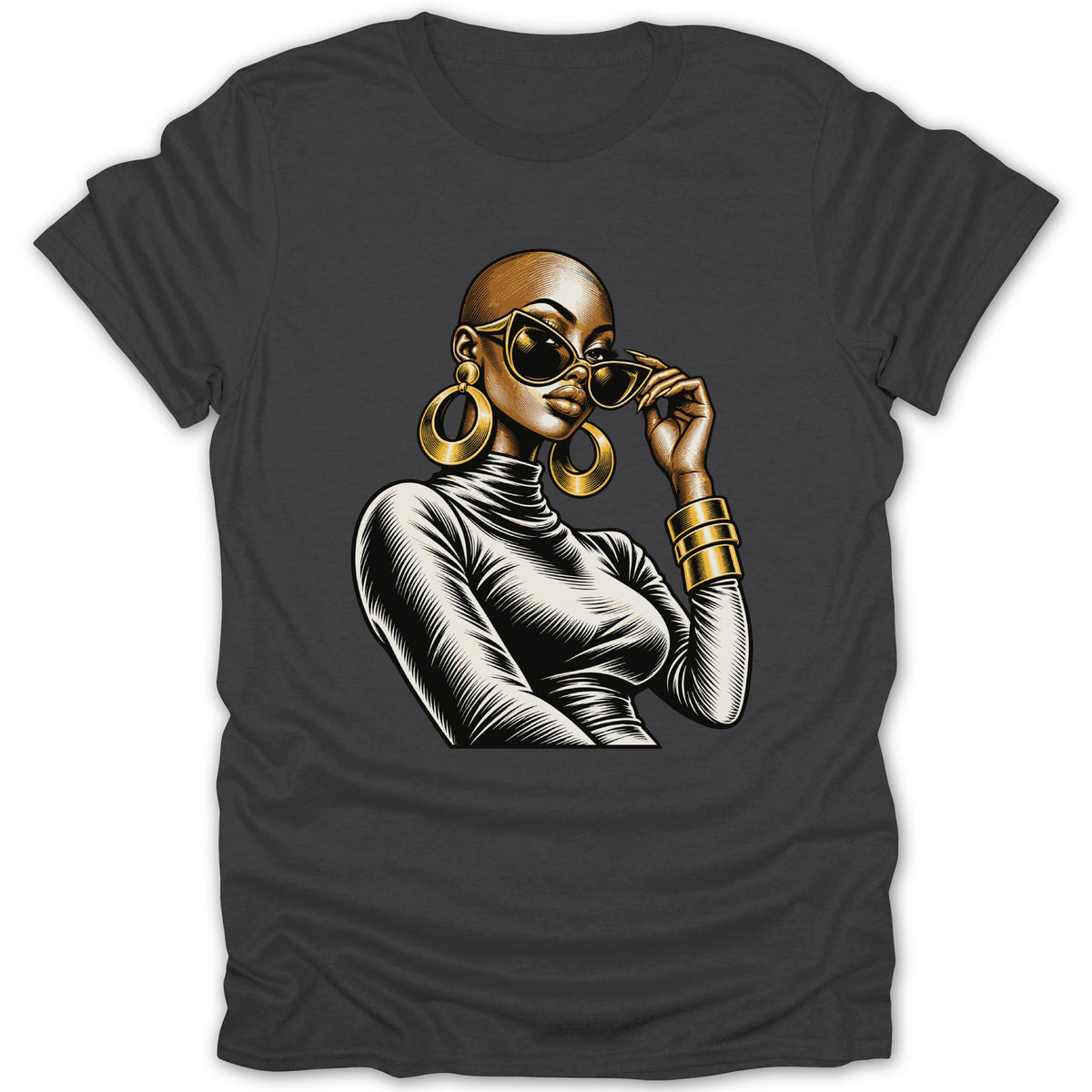 Black t-shirt with illustration of a bald woman wearing sunglasses and gold jewelry.