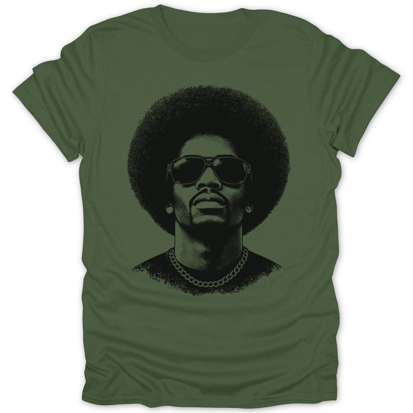 Green t-shirt with black graphic of a man with an afro, sunglasses, and chain.
