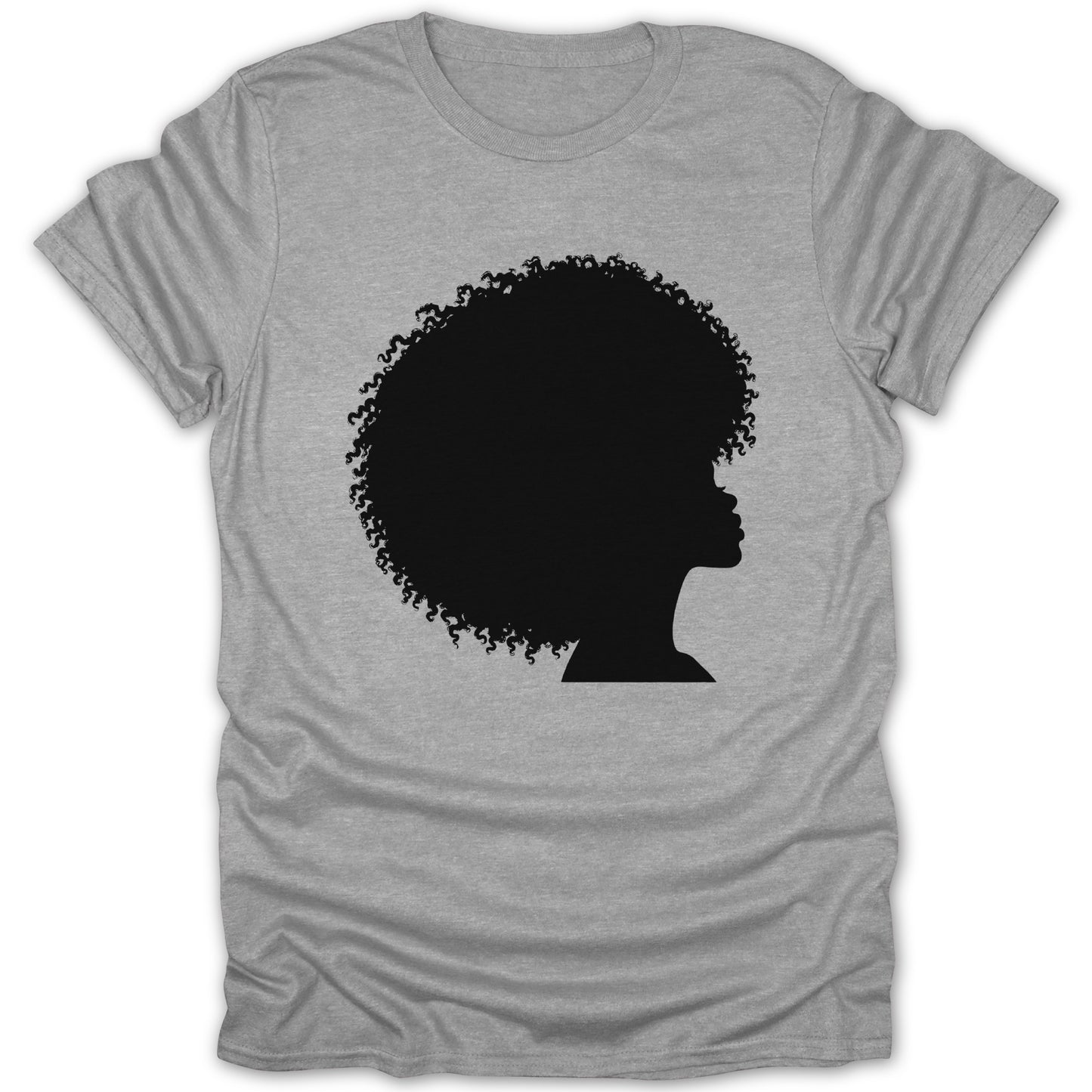 Black silhouette of a woman with voluminous curly hair on a gray t-shirt.